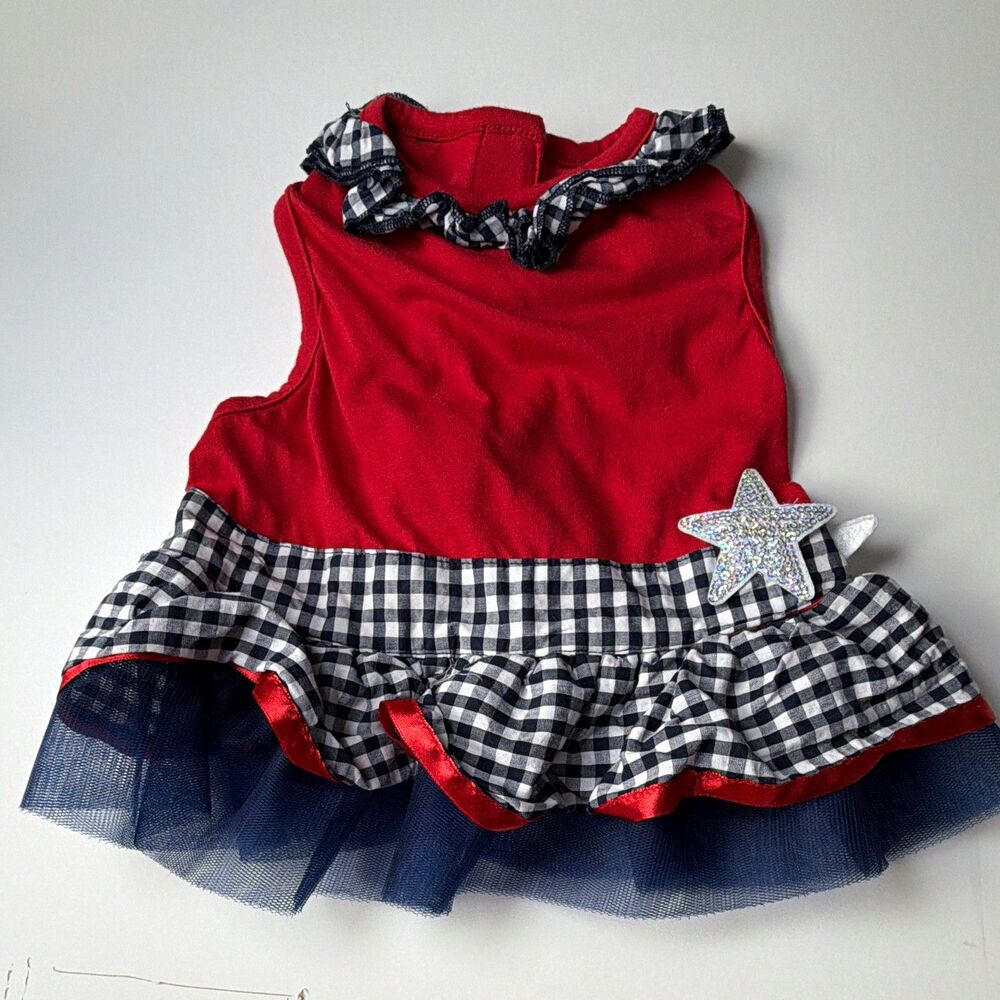 Bond & Co. Dog Dress Gingham Tutu Patriotic Silver Star Small Breed Size S